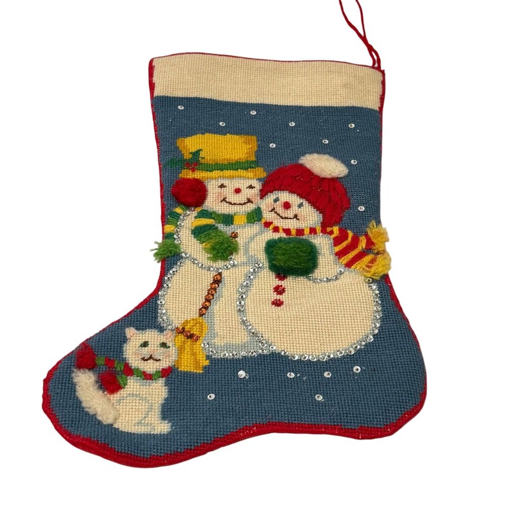 Bucilla Frosty Friends Christmas Stocking Needlepoint Felt Sequin Snowman Cat, A